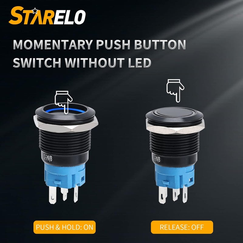 STARELO 5pcs 19mm Momentary led Push Button Switch Black Shell, IP65 Waterproof Push Button Switch,1NO 1 NC with Wire Socket Plug,Self-resetting with LED(Blue). - Image 5